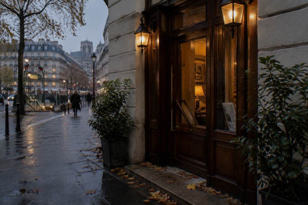 A small independent Paris hotel entrance with lit lamps above the door