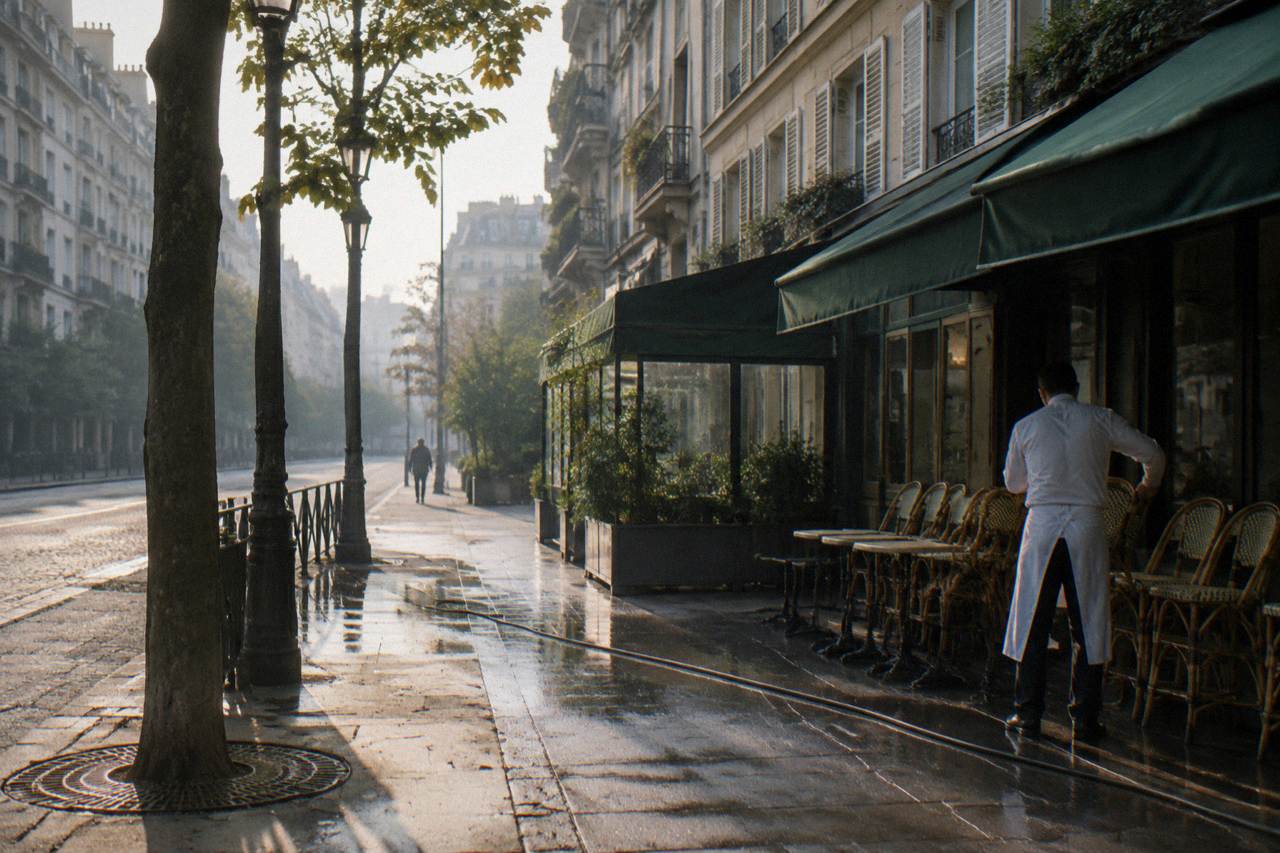 A quiet Paris street lined with old apartment buildings and shop awnings in the early morning