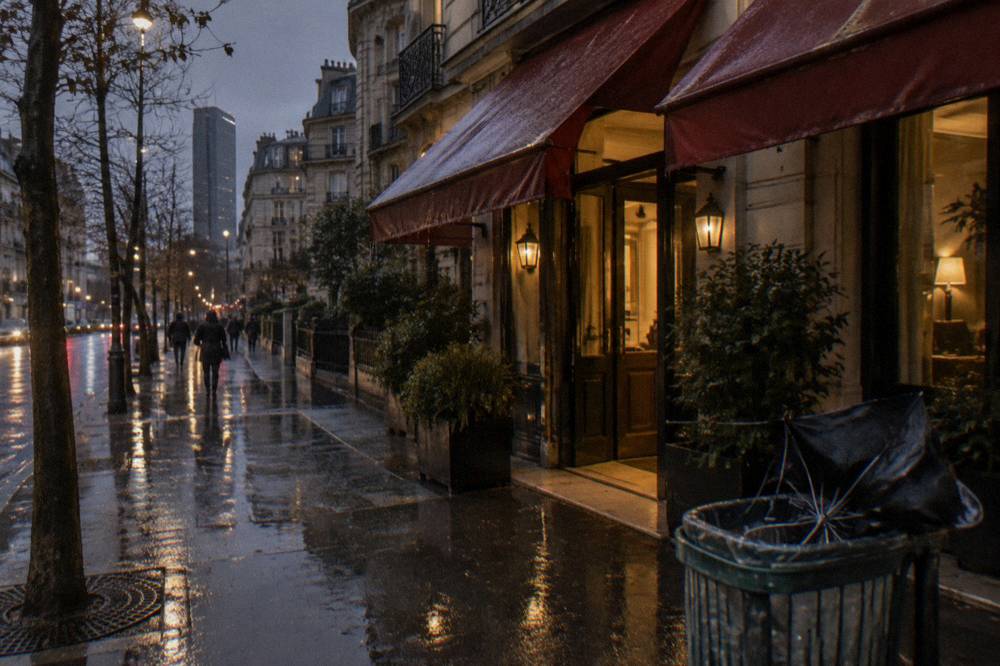 Rain-slicked Paris street in winter with cafe awnings and a hotel entrance