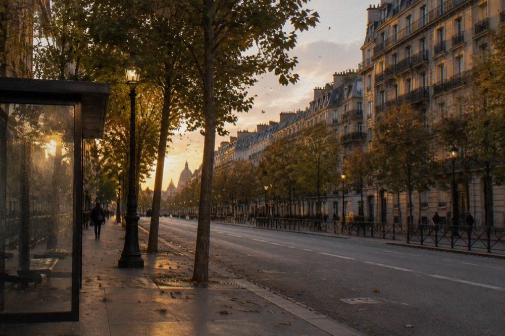 Evening light on a Paris boulevard with a hotel facade and lit street lamps
