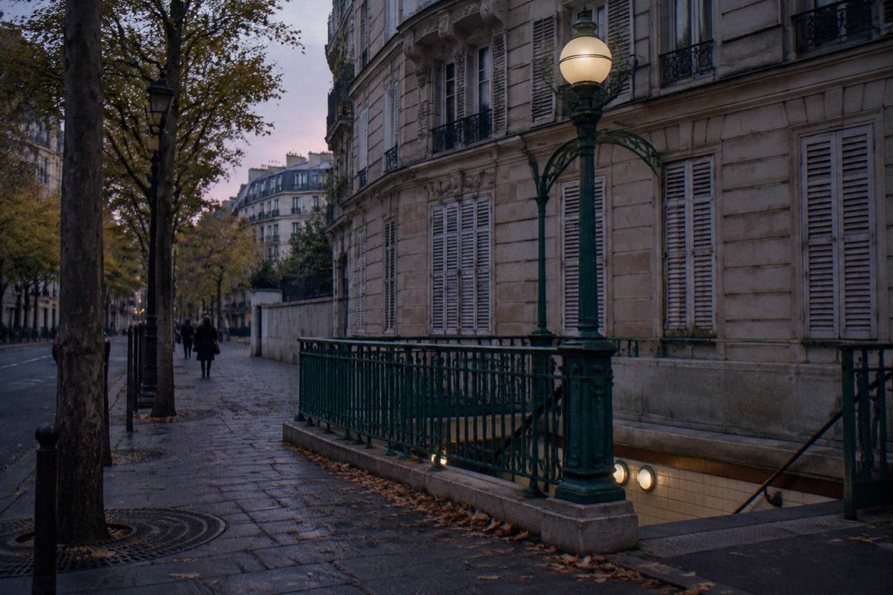 A quiet Paris side street at dusk with shutters closed and a metro sign on the corner