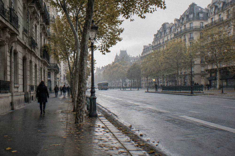 A wide Paris boulevard with residential stone apartment buildings and plane trees