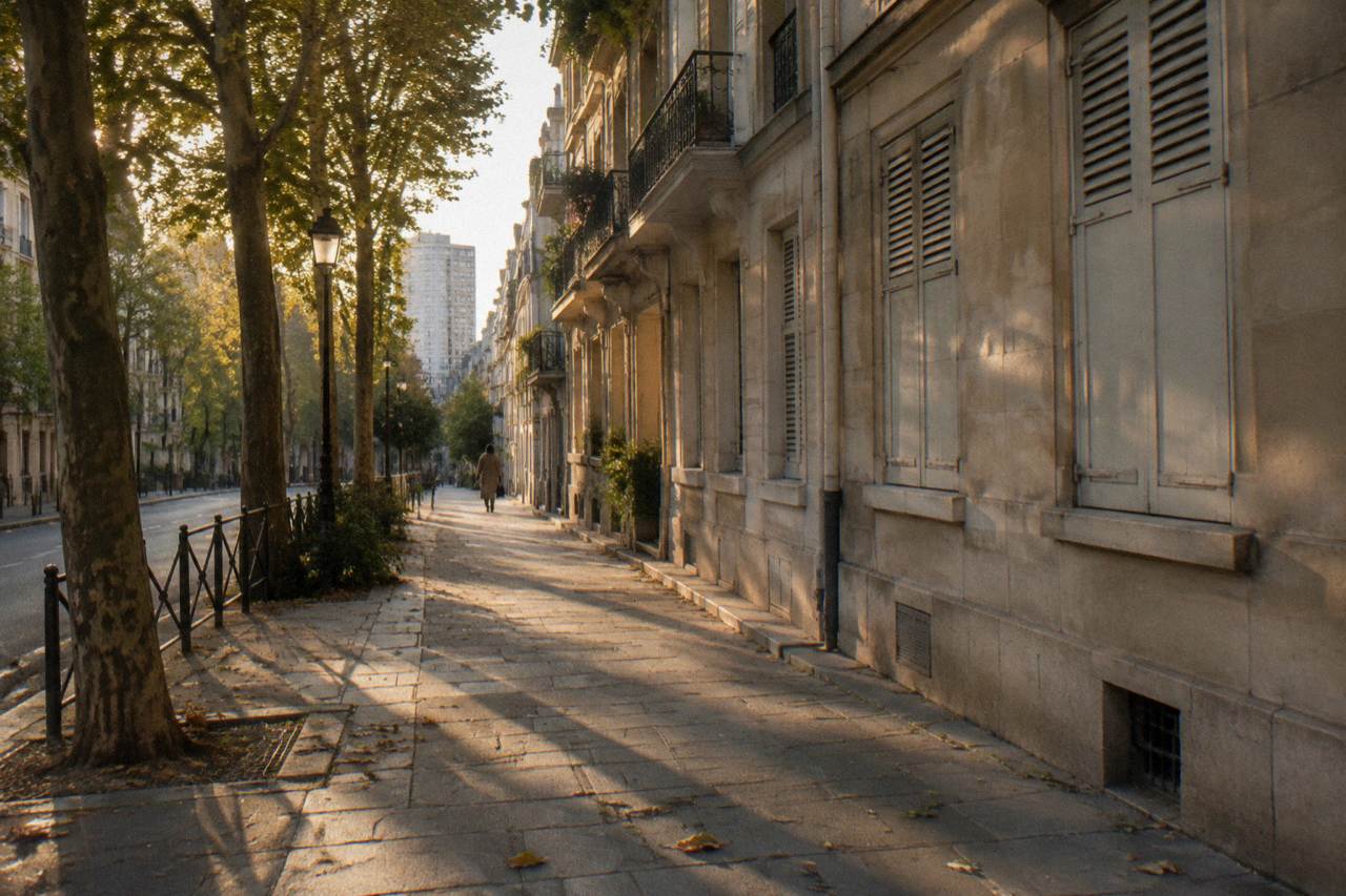 A quiet Parisian residential street with stone buildings and shuttered windows in late afternoon light