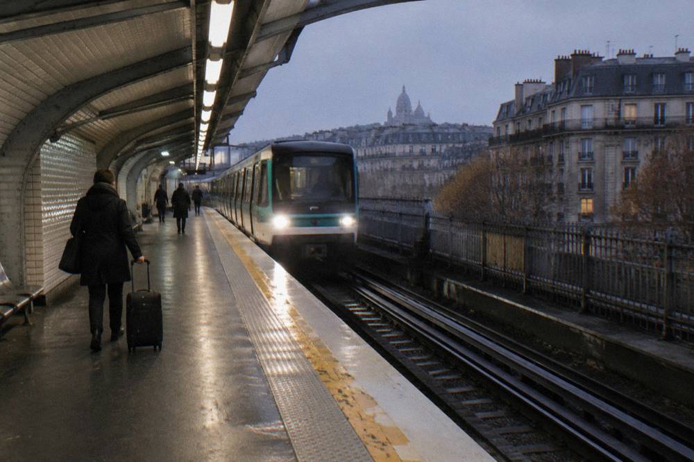A Paris metro platform with a train arriving at an edge of the city station