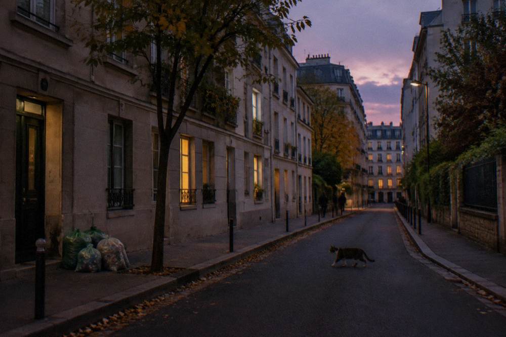 An evening street scene with lit windows of low rise buildings on the outskirts of Paris
