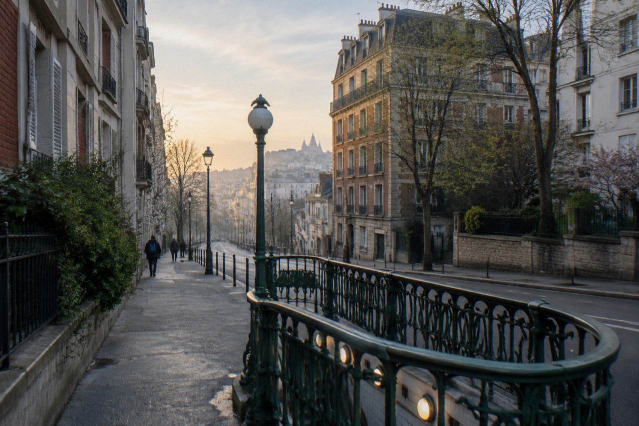 A Paris street with residential buildings and a metro entrance at the edge of the city