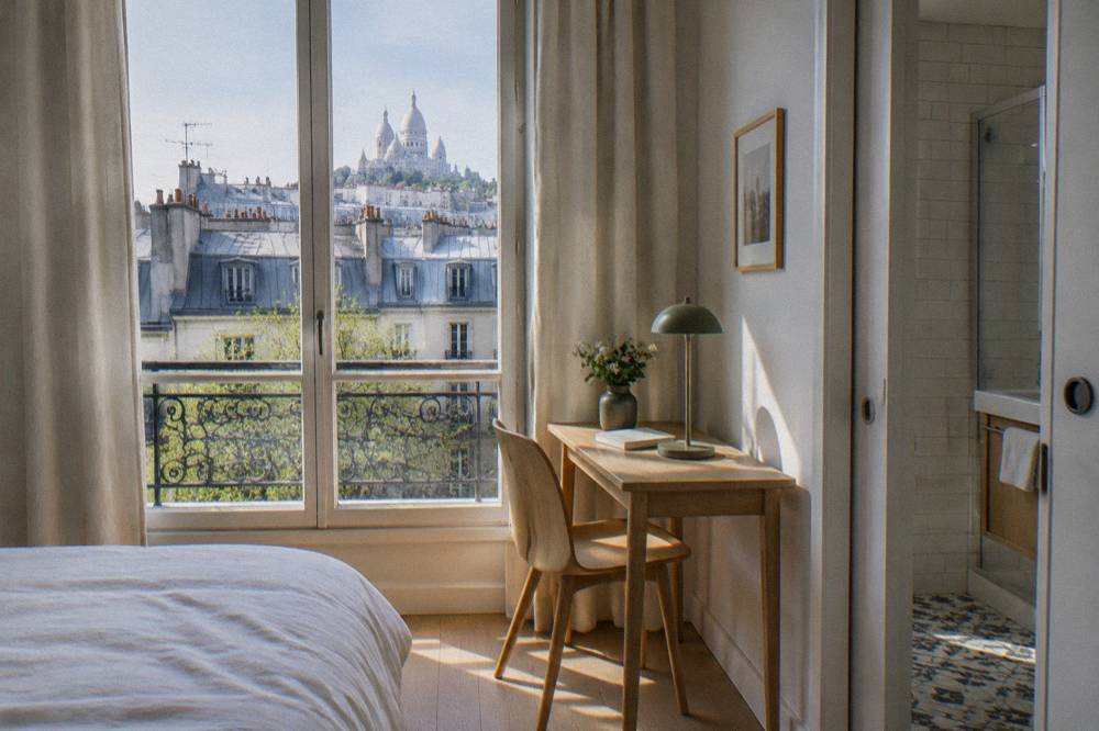 A freshly renovated hotel room with a desk, chair and city window in Paris