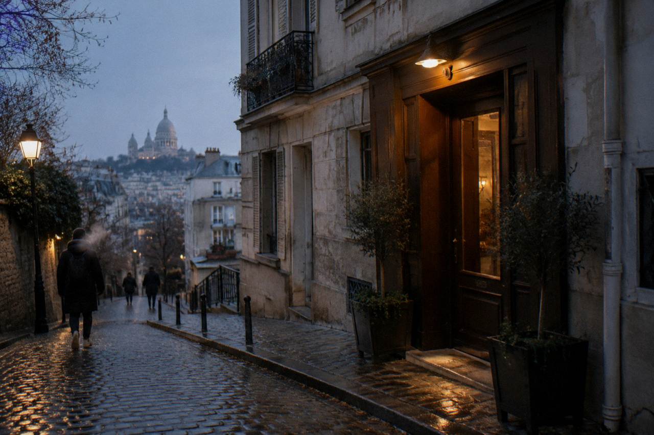 A quiet Paris street at dusk with a small hotel entrance and lit windows