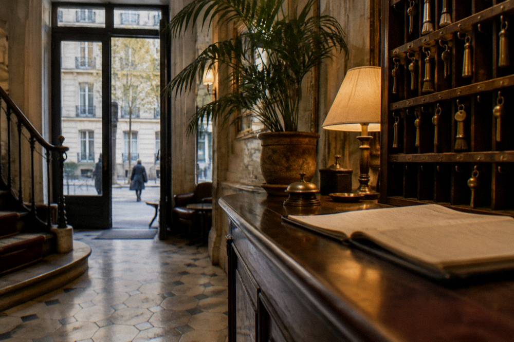 A reception counter in a small Paris hotel with room keys on a board behind