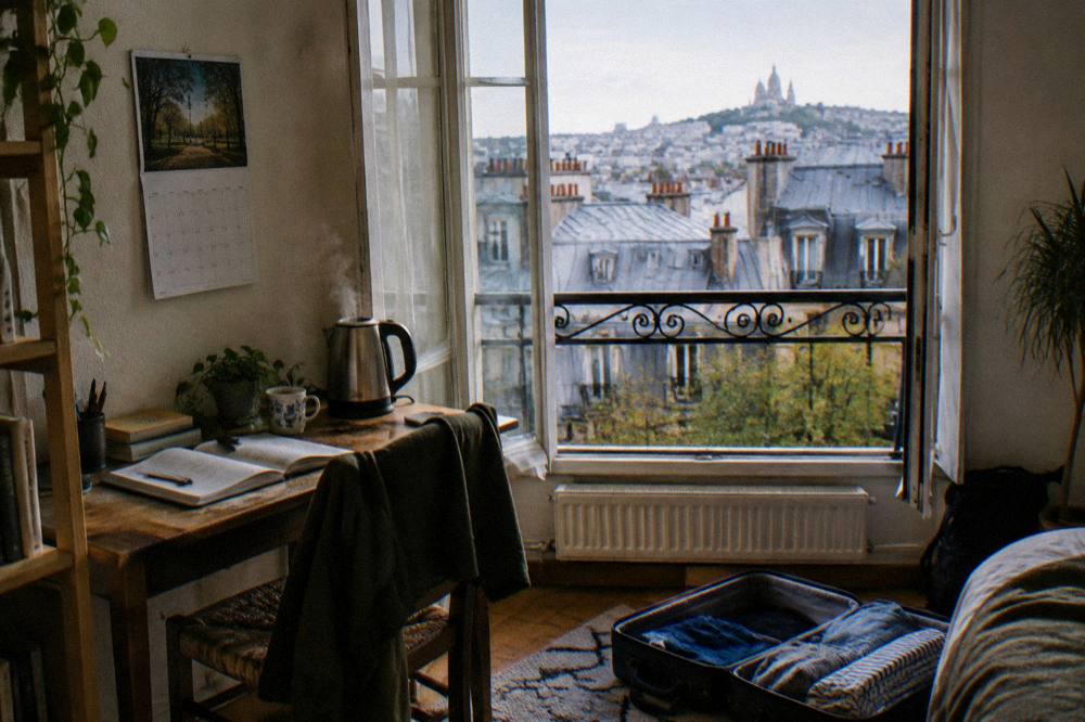A calendar and notebook on a hotel room desk beside a window with Paris rooftops