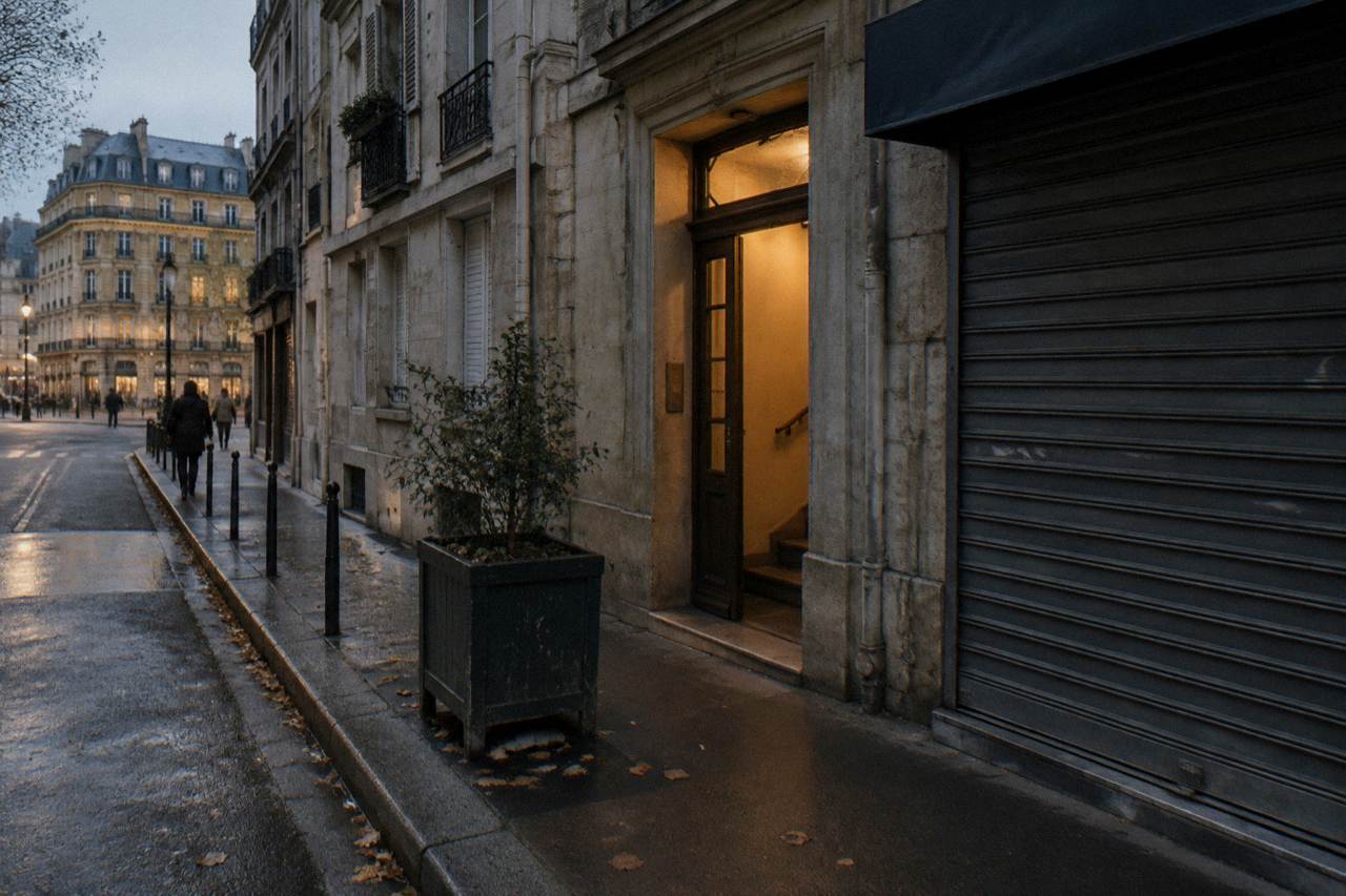 A quiet Paris street at dusk with hostel-style accommodation signage above a closed shopfront