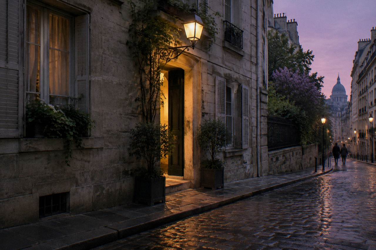 A narrow Parisian street at dusk with a small hotel entrance glowing between older stone buildings