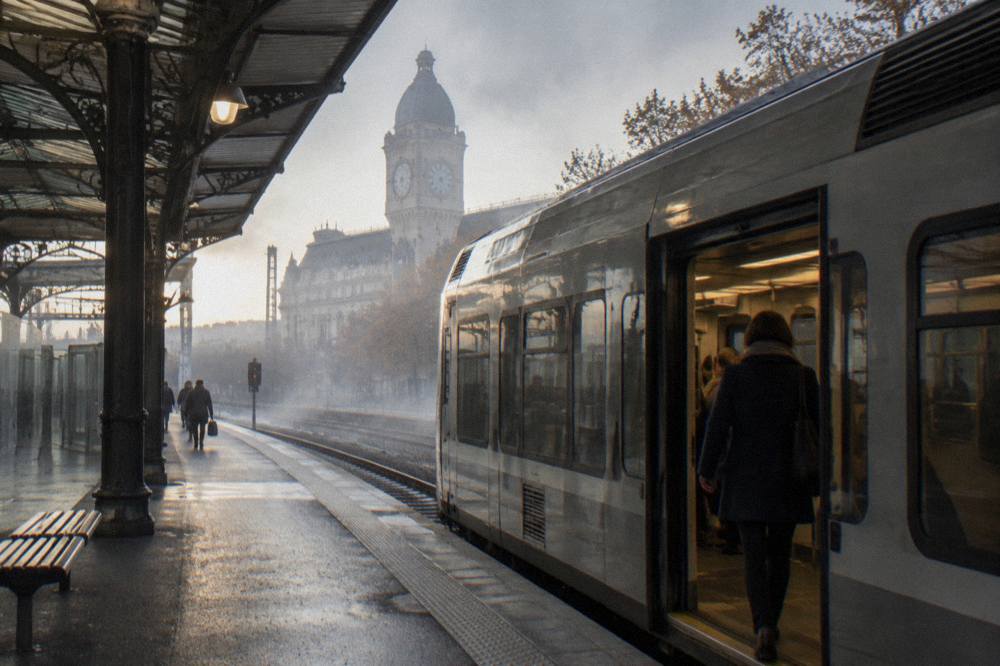 A Paris railway platform at early morning with a regional train waiting