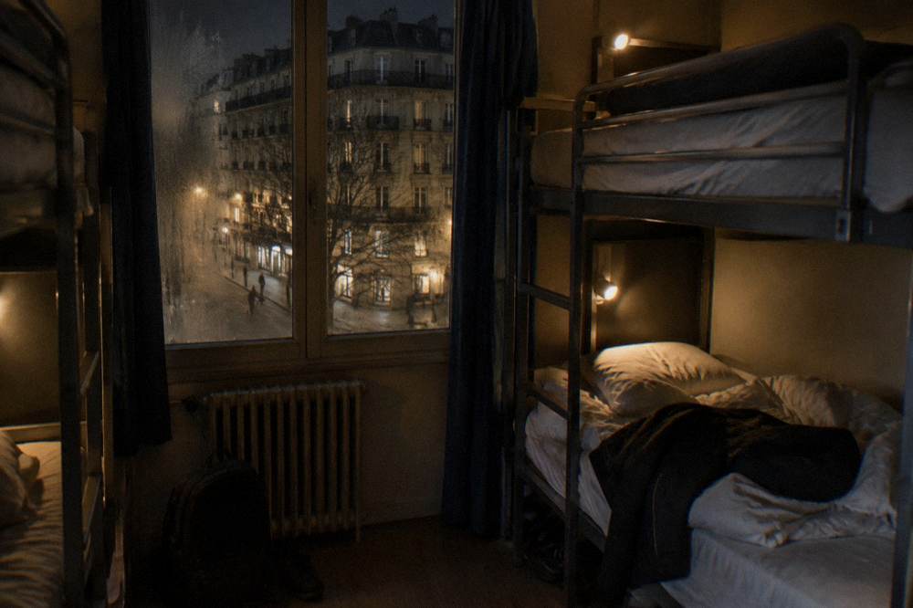 A hostel dormitory room with bunk beds and reading lights