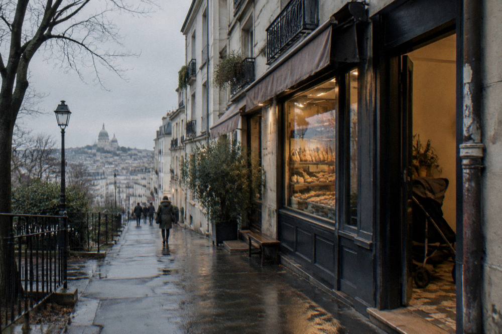A Paris street in the 18th arrondissement with apartment buildings and a bakery sign