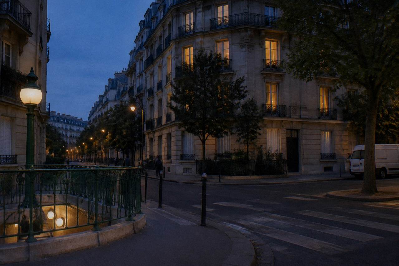 A quiet Paris street at dusk with lit windows and a metro entrance