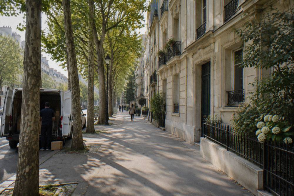 A Paris boulevard with plane trees and an apartment facade in morning light