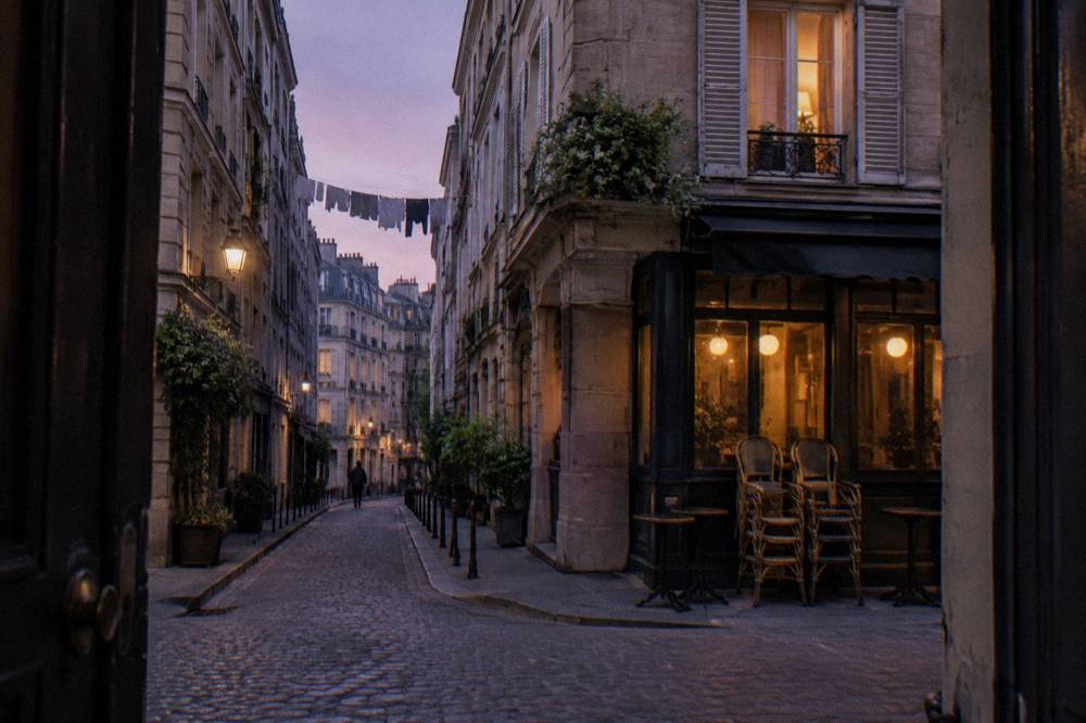 Narrow Paris street with a corner café and apartment windows at dusk