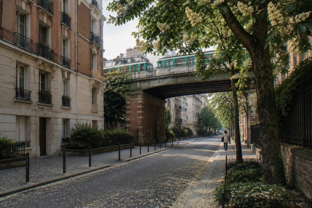 A residential avenue in the fifteenth arrondissement with apartment buildings and a metro viaduct in the distance