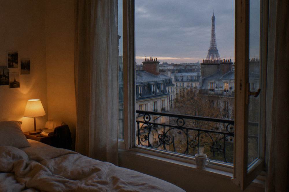 A simple clean double hotel room with a window overlooking Paris rooftops