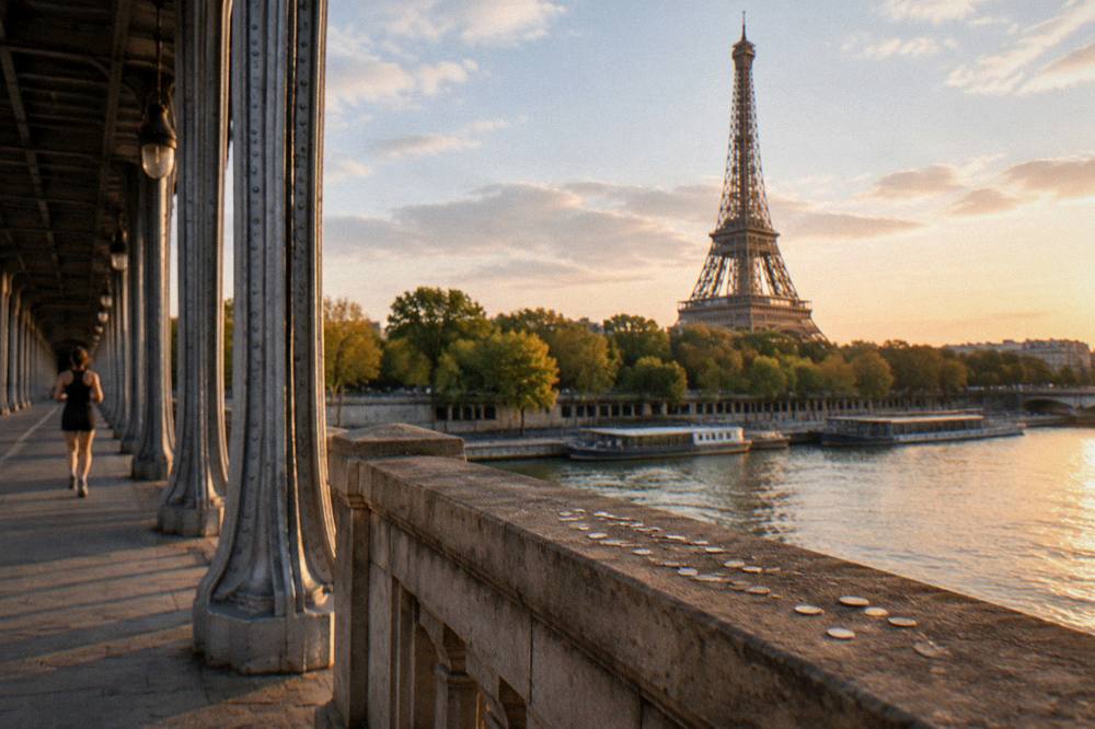 An elevated metro viaduct crossing the Seine with the Eiffel Tower visible in the distance
