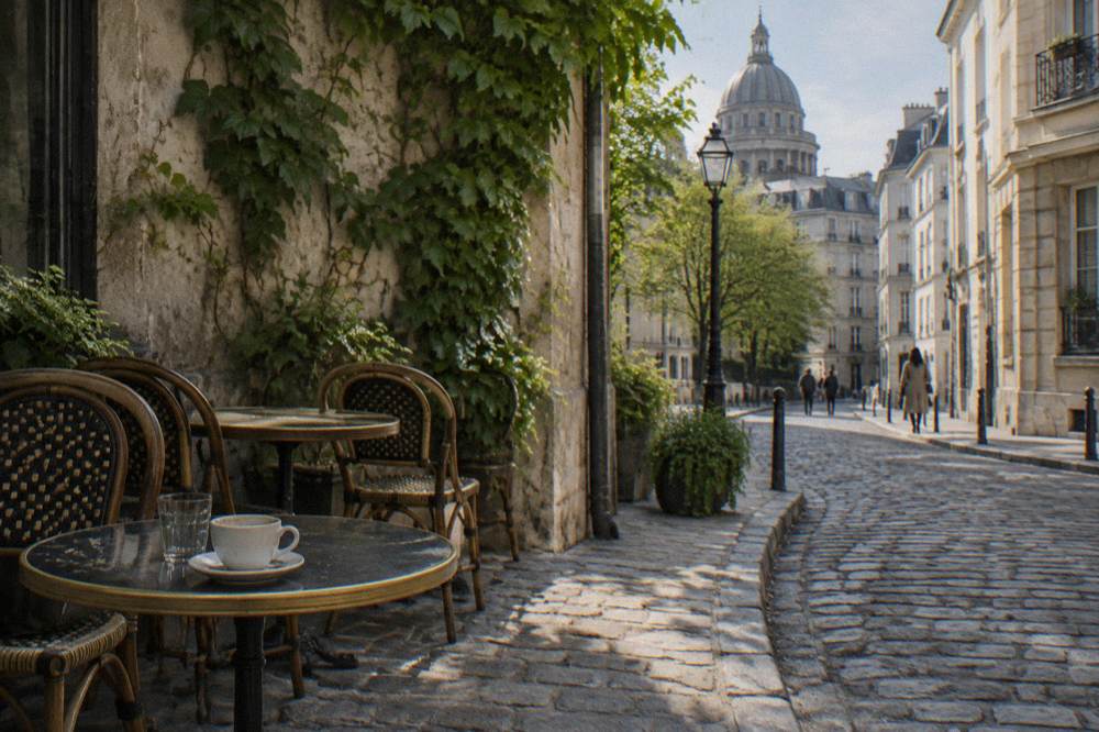Café tables and chairs on a cobblestone corner in a central Paris neighbourhood