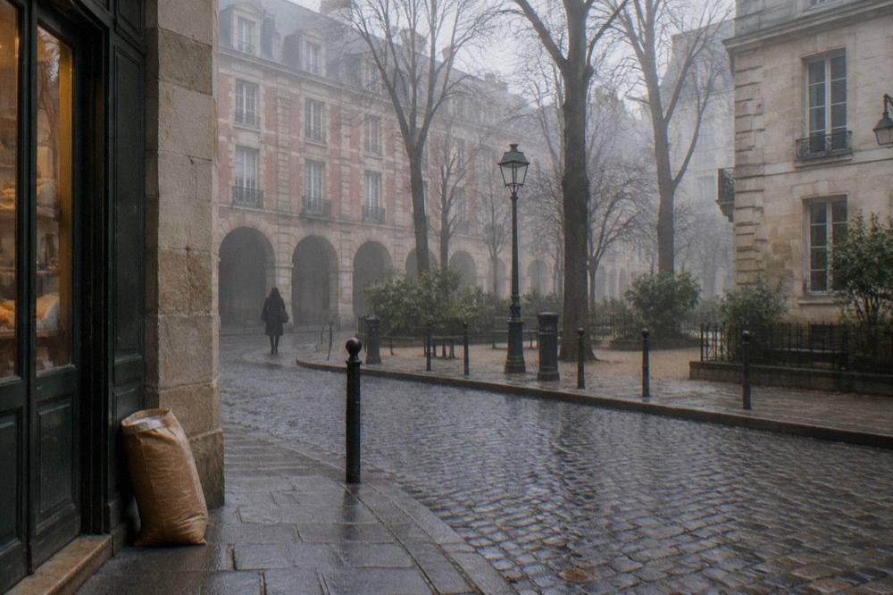 A quiet morning street corner in Le Marais with stone buildings and parked bicycles