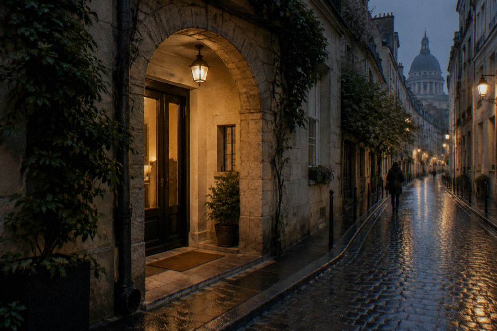 A classic Parisian hotel facade with a small lit entrance and stone walls