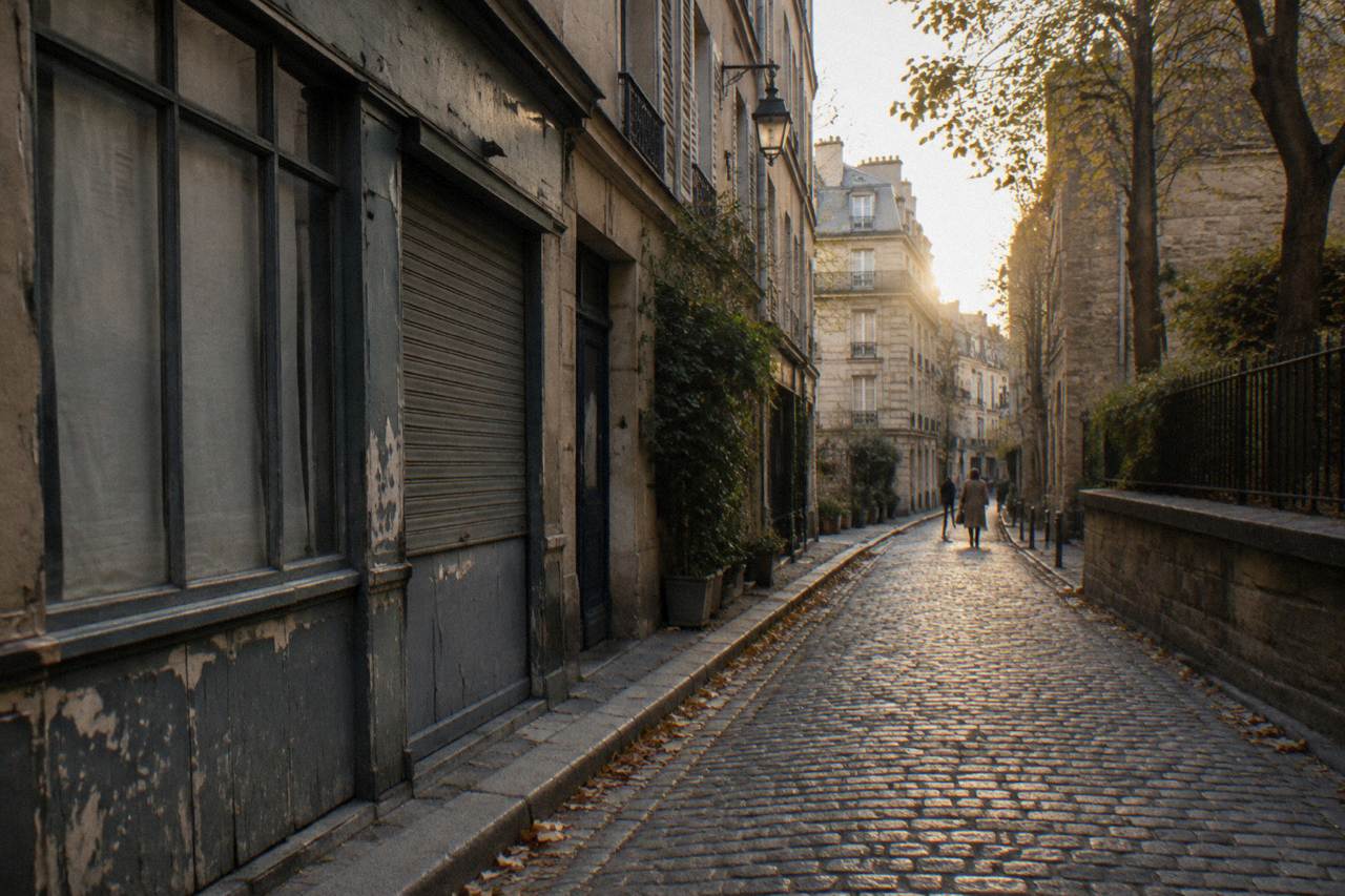 A narrow cobblestone street in Le Marais with old apartment buildings and shuttered shopfronts