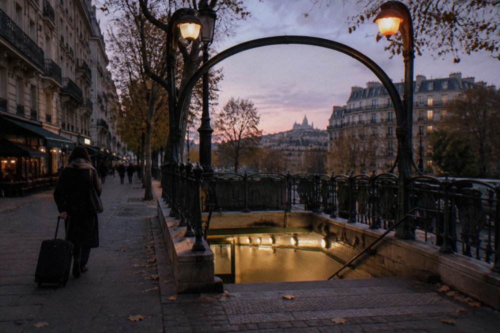 A metro entrance with an iron archway on a Paris boulevard at dusk