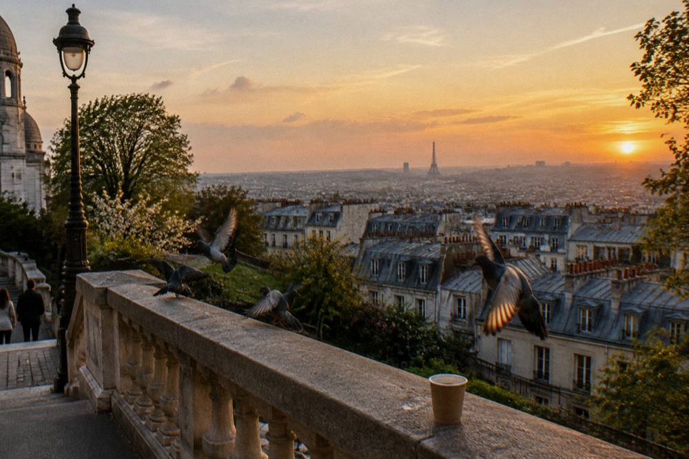 Sunset over Paris rooftops seen from a hilltop terrace