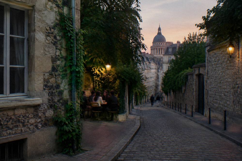 A quiet lane of old stone buildings near the Sorbonne in the Latin Quarter