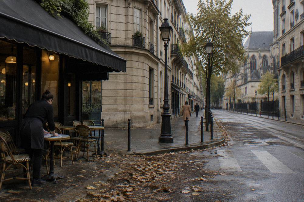 A Paris street corner with stone facades in the Marais district