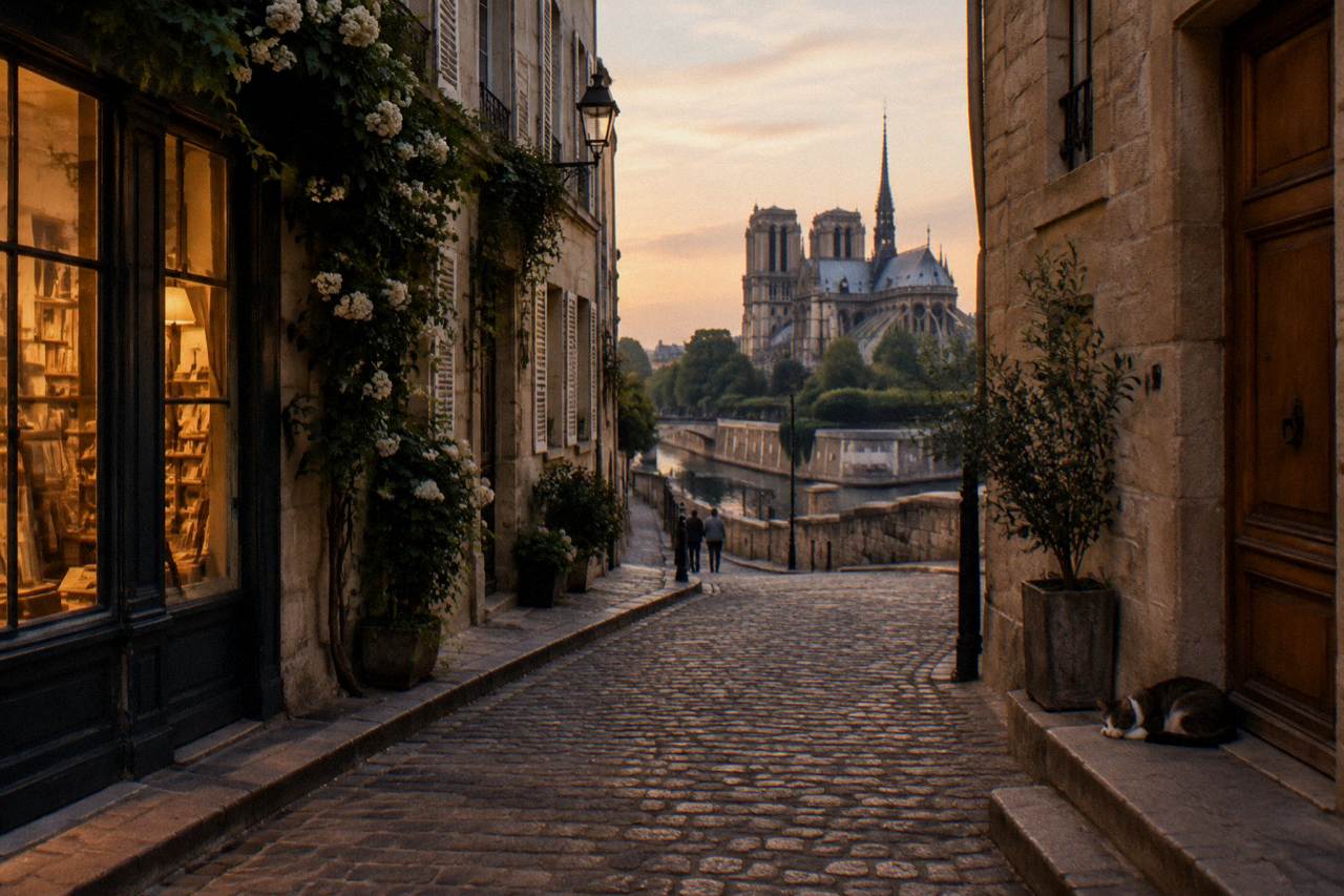 A narrow Paris street with stone buildings and a bookshop window in the Latin Quarter