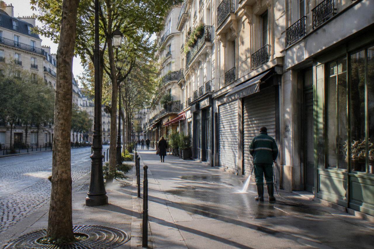 A quiet Paris residential street lined with Haussmann apartment buildings and shop fronts