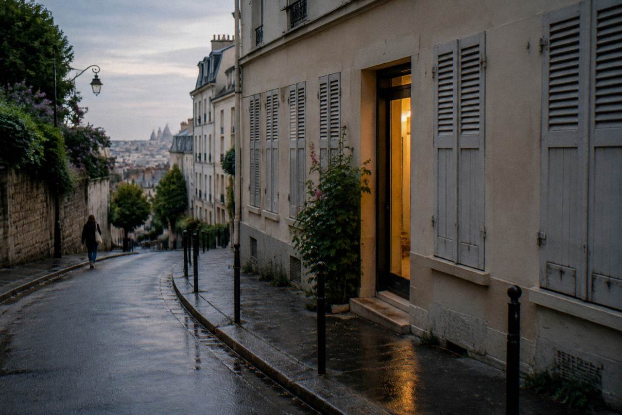 A quiet Parisian street with a hotel entrance and shutters closed in the early evening