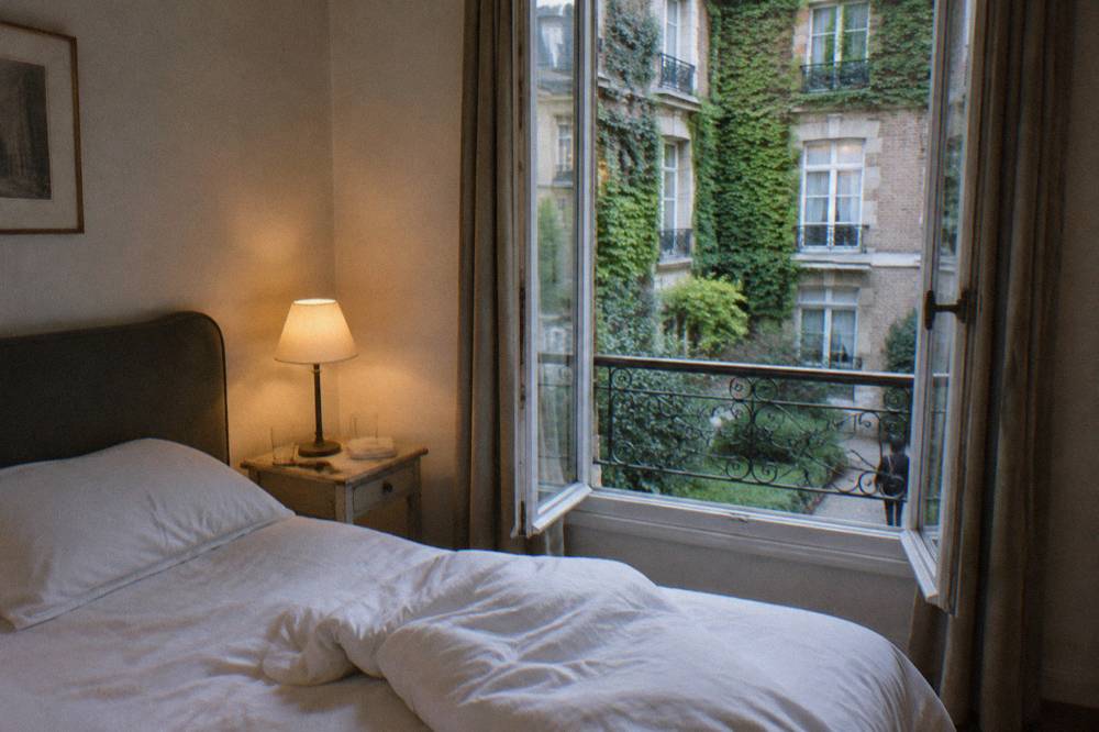 A simple hotel double room with a folded duvet, bedside lamp and window onto a Paris courtyard
