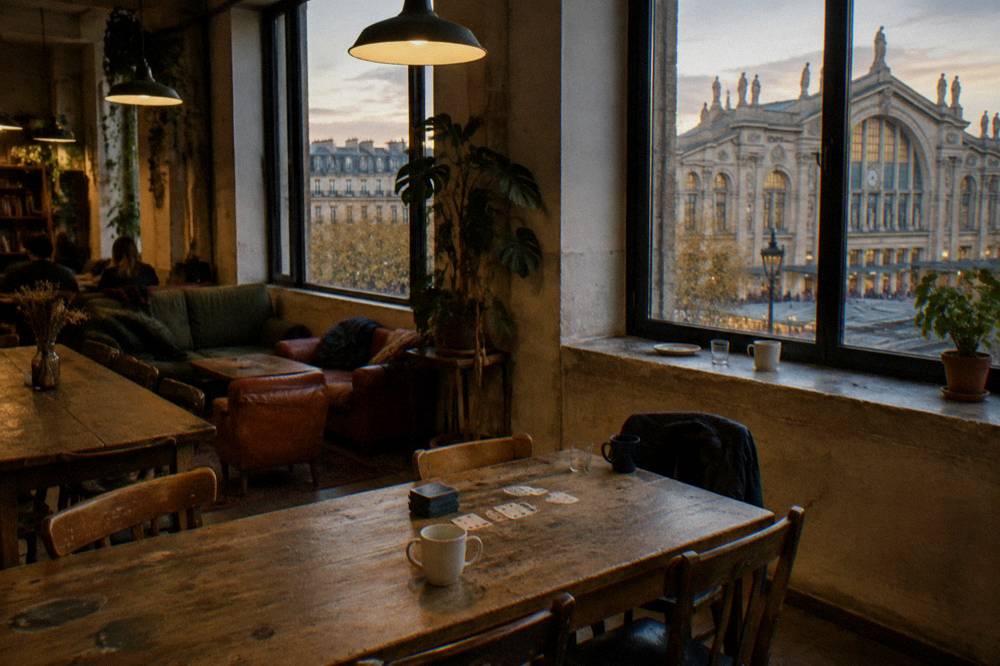 A hostel common room with long wooden tables, sofas and pendant lighting in the evening