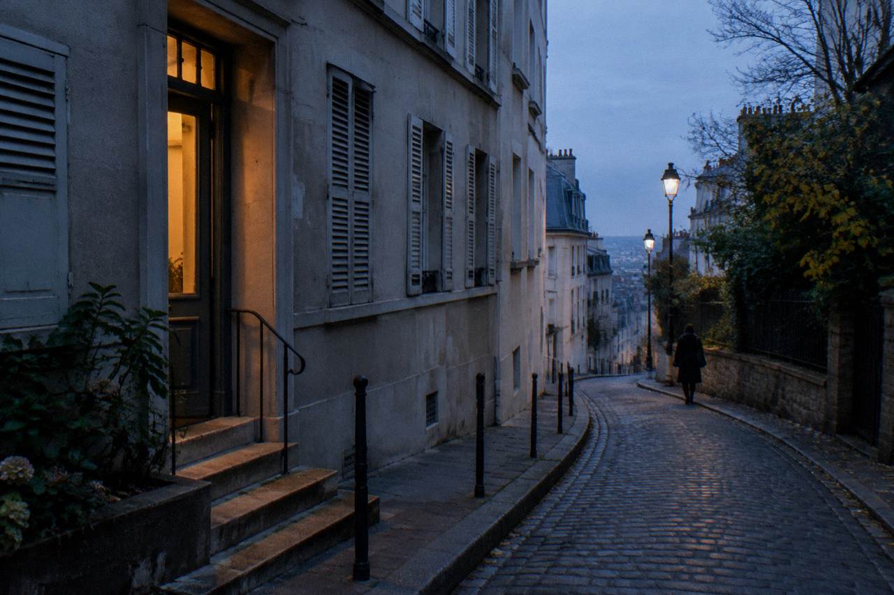 A quiet Paris side street at dusk with shuttered residential buildings and a lit ground-floor entrance