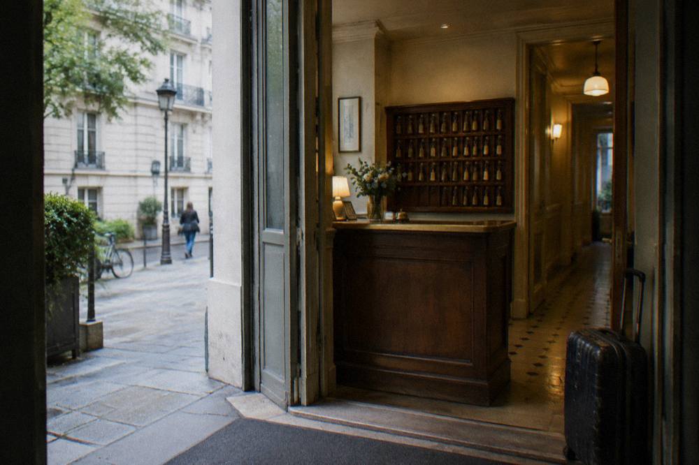 A small Paris hotel reception desk with a wooden counter, keys on hooks and a lit hallway beyond