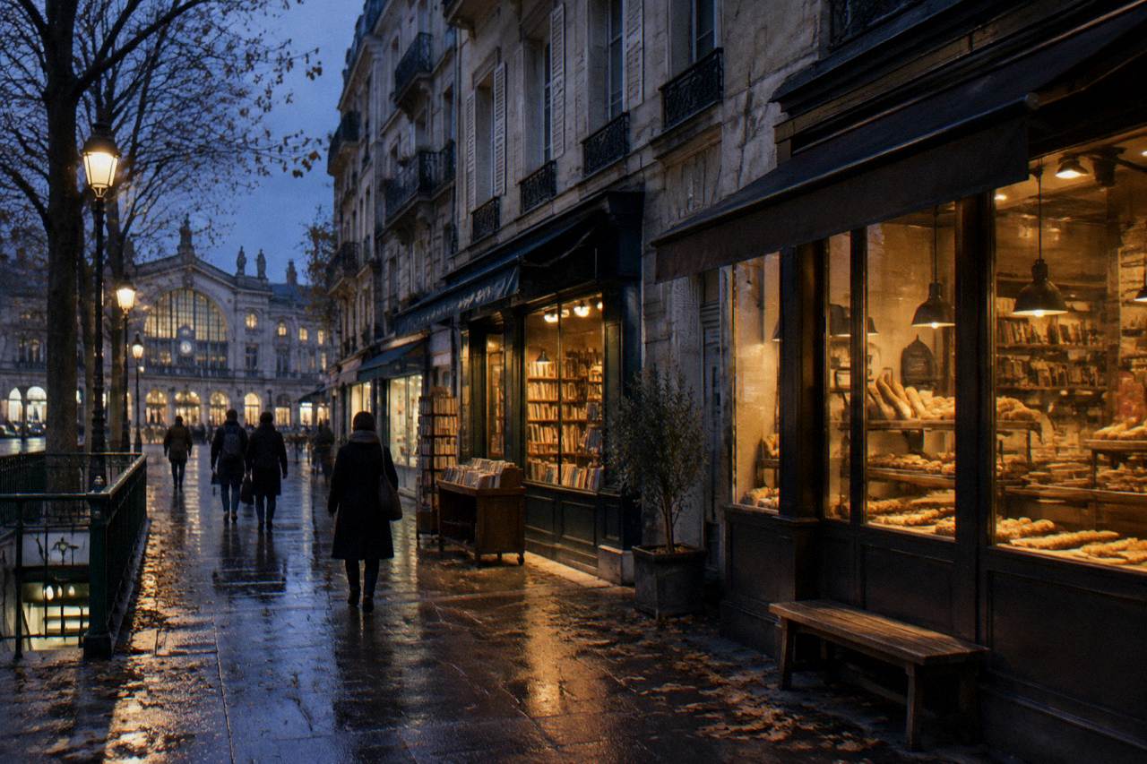 A narrow Paris street at dusk with lit shopfronts and apartment windows above a small hotel entrance