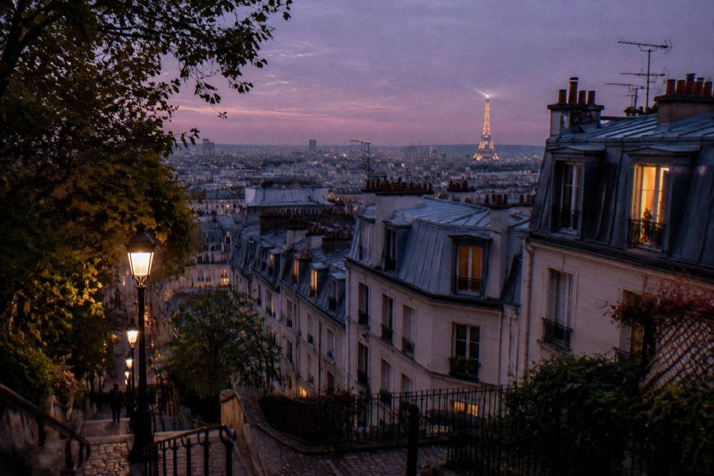 An evening view over Paris rooftops with lit windows and chimneys