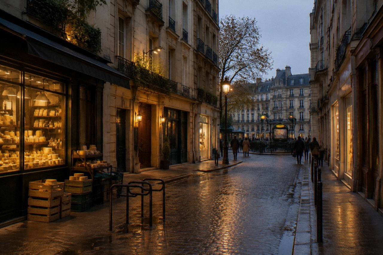 A narrow Paris street at dusk with lit shopfronts and a hotel entrance
