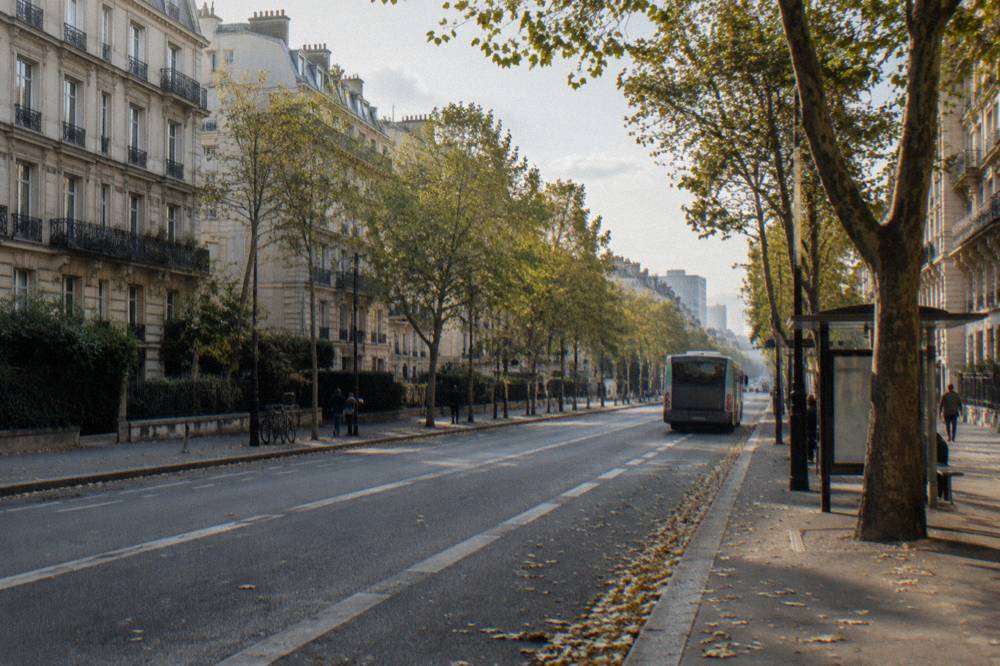 A Paris boulevard with apartment buildings and a bus lane in daylight