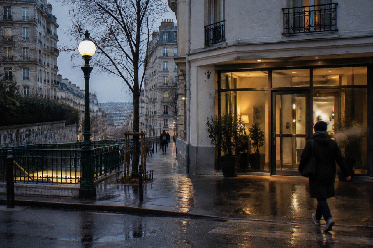 A Paris street with a small hotel entrance and a metro sign in the evening