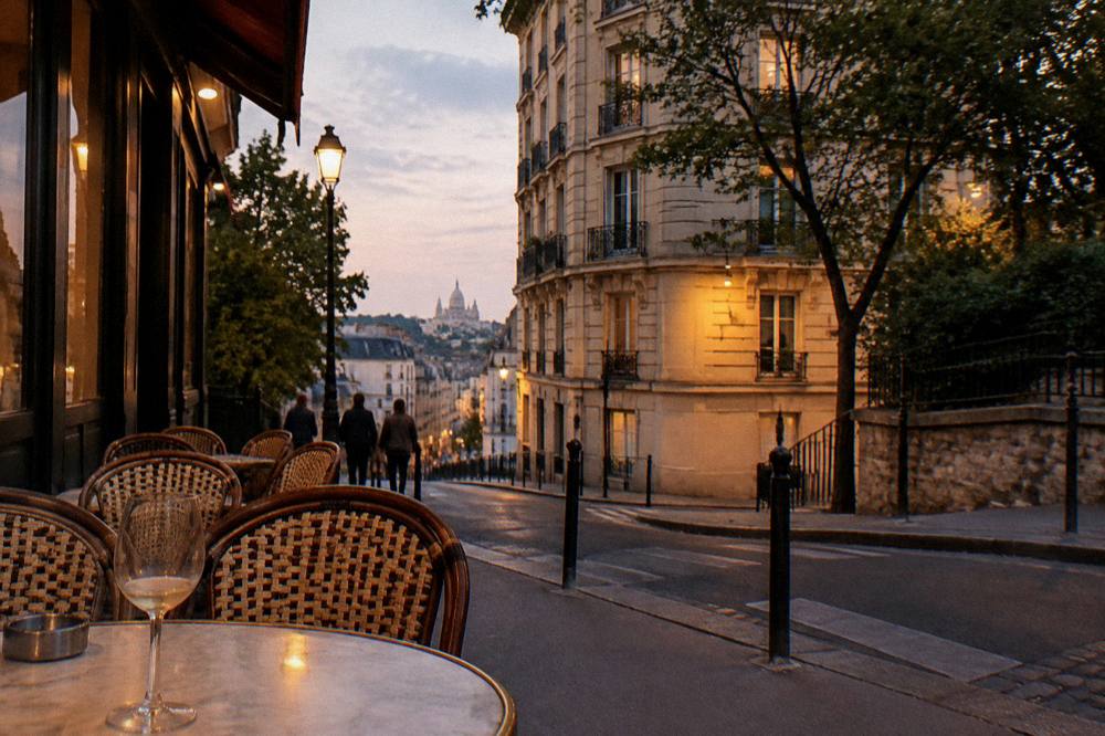 An evening street in an outer Paris neighbourhood with lit windows and a cafe corner