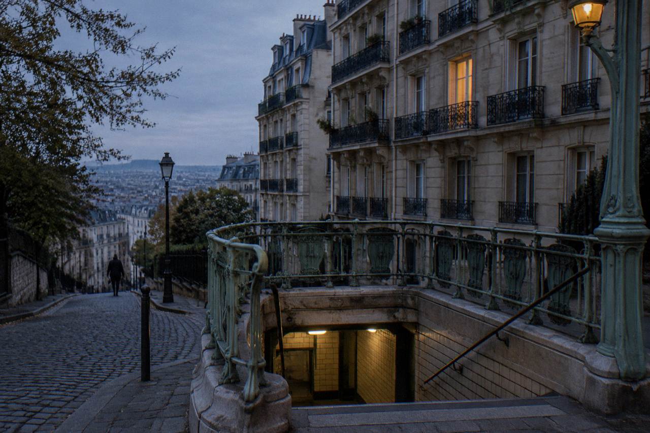 A residential Paris street with apartment buildings and a metro entrance at dusk
