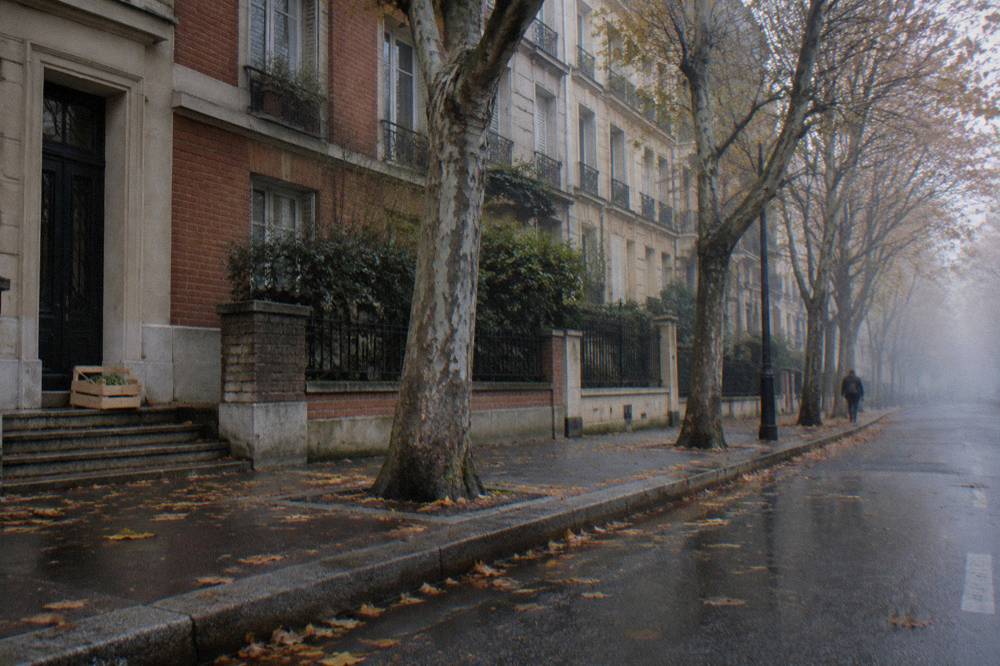A Paris residential street in the twelfth arrondissement with mid-rise apartment buildings and plane trees