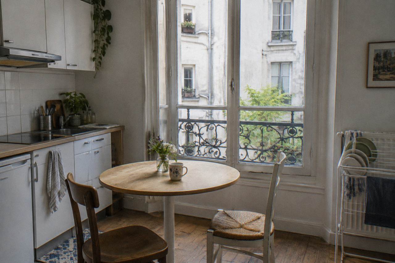 A bright Paris apartment kitchen with a small table, two chairs and a window onto a courtyard