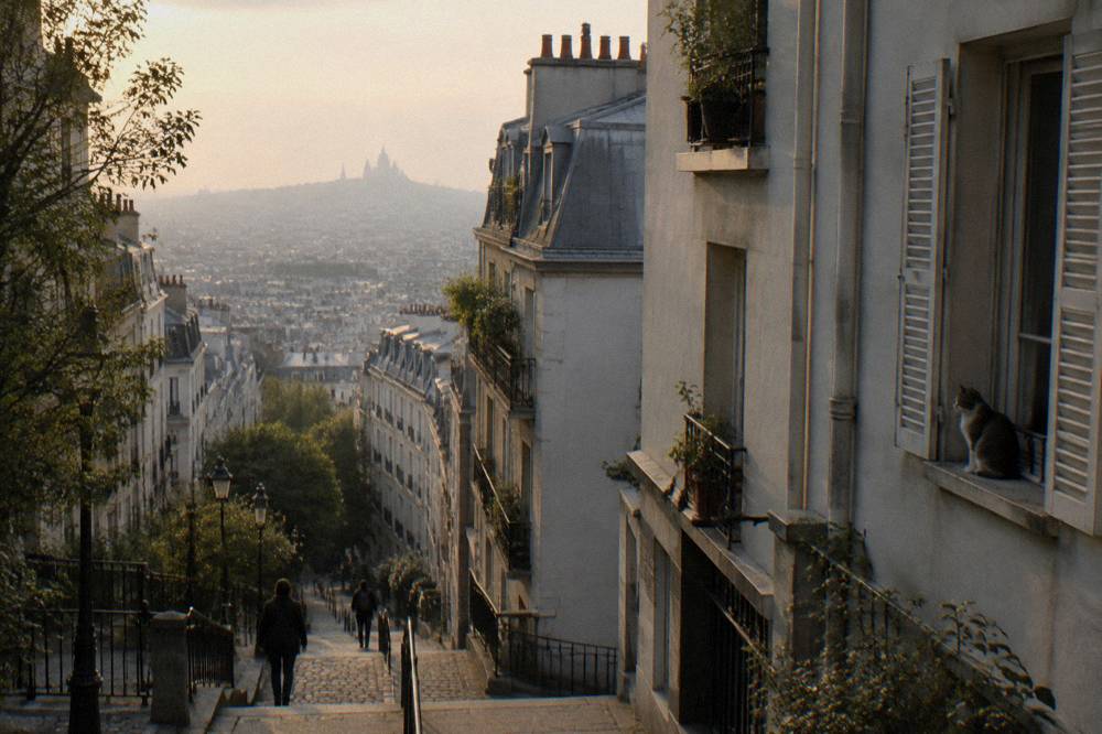 A hilly Paris street with wide views over rooftops in late afternoon light